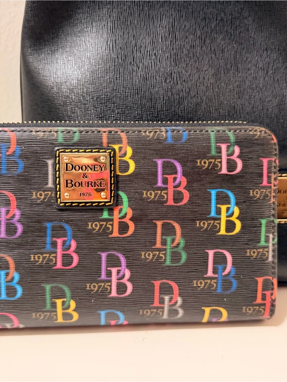 Dooney & Bourke Black Leather Shoulder Bag with Multicolor Logo Wallet